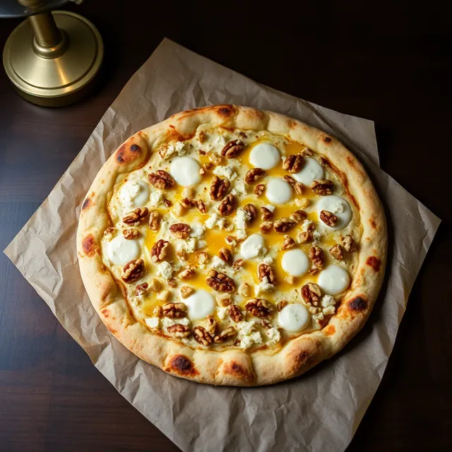 Pizza bianca con noci, miele e formaggio di fossa